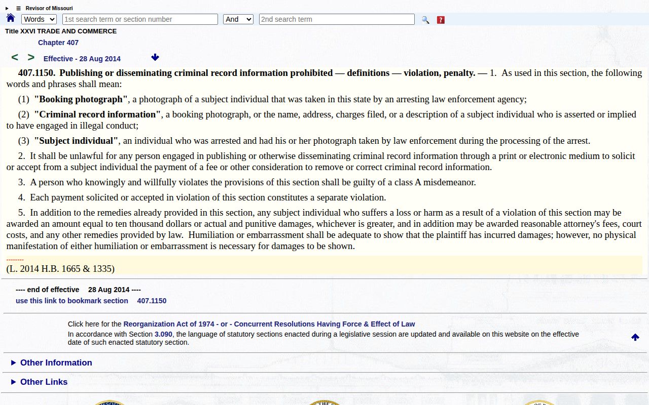 Missouri Revisor page for the booking-photo publication statute
